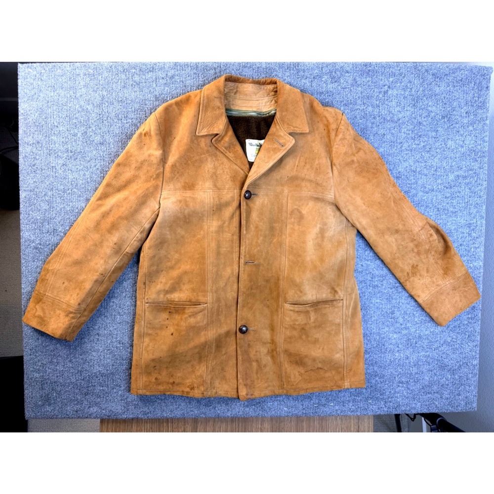 Vintage Weather Jack Suede Leather Jacket Tan USA Workwear Faux Fur Distressed